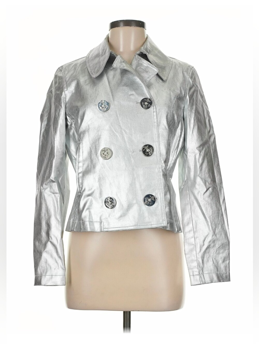 VTG Ralph Lauren Marine Silver Naval  JACKET Women M PETITE Anchor Button COATED